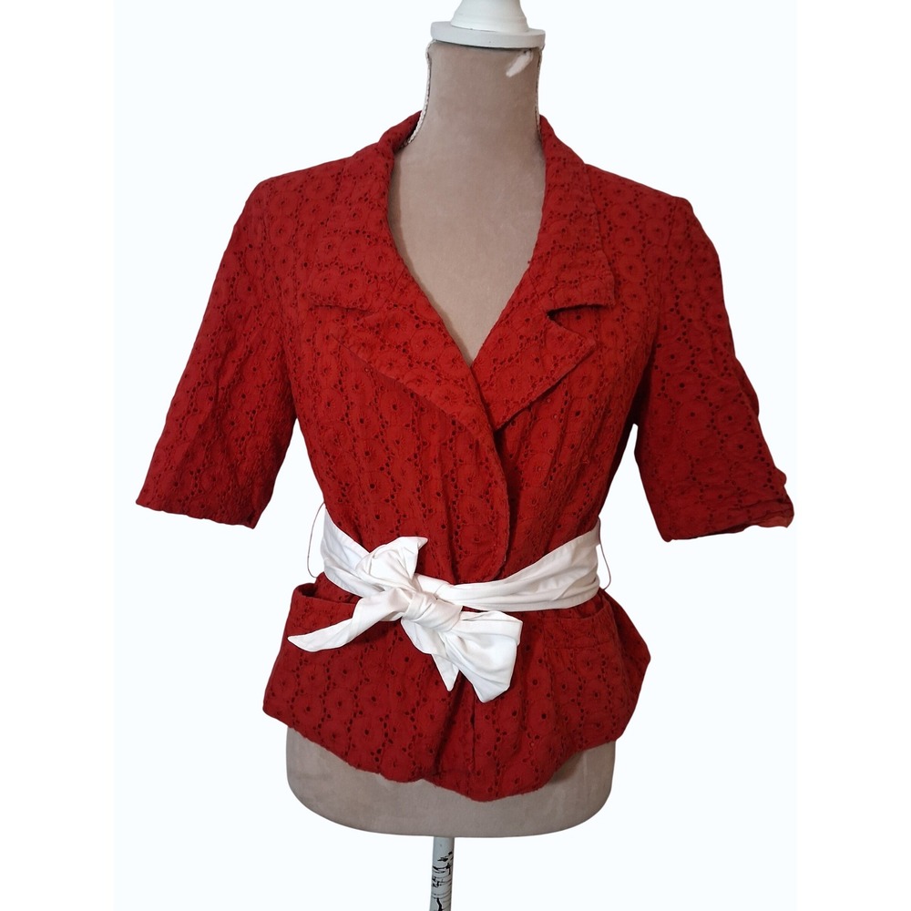 VtgChadwick's Red Cotton Eyelet Short Sleeve Belted Blazer Jacket Size 10 y2k